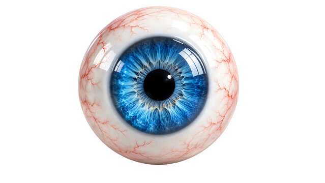 Detailed human eyeball with bright blue iris and realistic red veins, anatomical vision concept isolated on transparent background for medical and optical education design