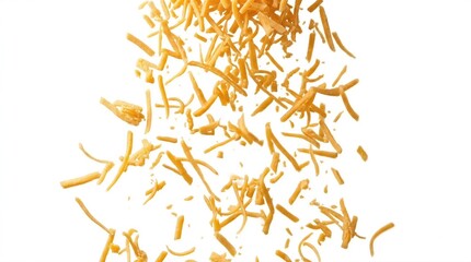 Obraz premium Golden cheese shreds cascade downward against pure white. Each shard gleams with warm, inviting texture. Motion frozen mid-air, suggesting crisp freshness. Perfect for food, cooking