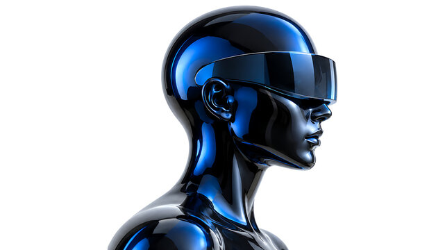 Futuristic humanoid robot head wearing sleek VR visor, glossy blue and black cyber design, high detail 3D render isolated on transparent background for technology concepts.