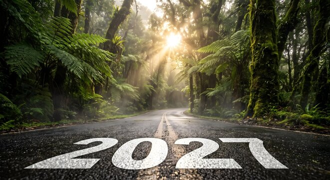 Lush Mossy Jungle Floor and Rainforest Road with 2027 Inscription
