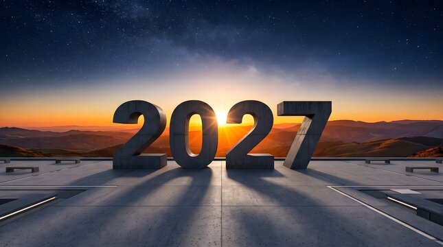Epic Sunset Horizon with Large 3D Metallic Numbers 2027 Monument