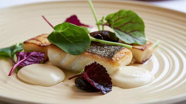 Pan seared fish fillet with golden skin, accompanied by creamy sauce, potatoes, and fresh salad greens, on a gourmet plate