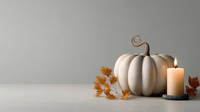 Photorealistic minimalist Halloween arrangement featuring one elegant pumpkin, a candle and subtle autumn leaves on a clean neutral surface, sophisticated commercial aesthetic, generous negative space