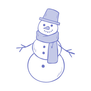 Vector line art illustration of a snowman. Whimsical hand-drawn clip art for winter print designs, stickers, or web. Stylized minimalist drawing isolated on a white background.