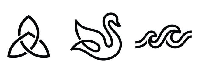 Obraz premium Collection of three black line featuring a triquetra knot, a stylized swan silhouette, and a flowing wave pattern isolated on a white background, for minimalist