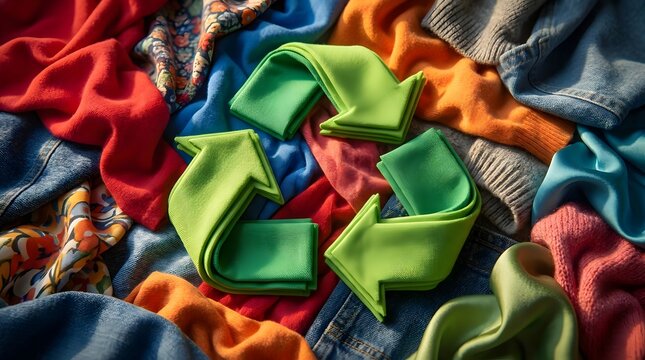 Recycle symbol made of colorful fabric clothing