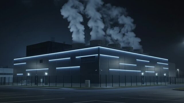 Data center power consumption: steam rising from cooling towers of a modern server facility at night