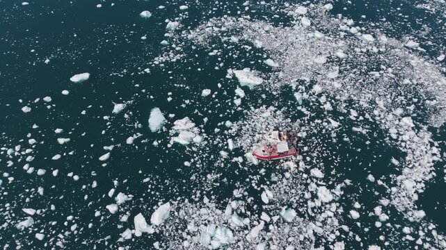 Fishing boat processing catch surrounded by gulls among icebergs in Ilulissat, Greenland
