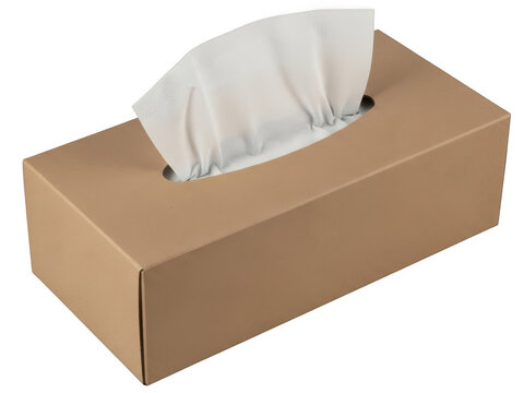 Brown cardboard tissue box with white paper napkins isolated on transparent background