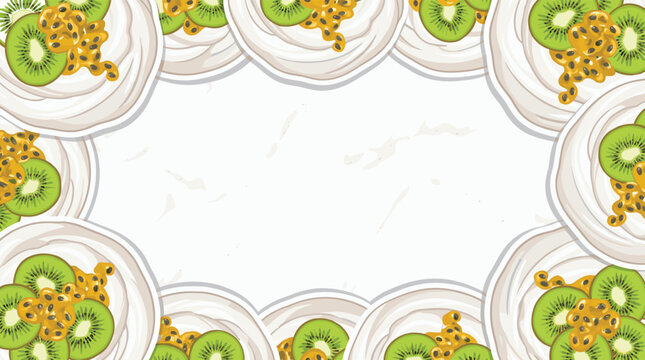 Delicious fruit pavlova desserts with kiwi and passion fruit framing a clean white background template for healthy recipe banners