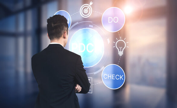 Businessman Analyzing Digital Strategy with Circular Icons Representing Planning, Execution, and Continuous Improvement Concepts in a Modern Office Environment. Bitwise.