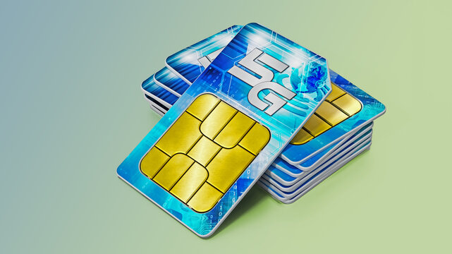 5G SIM cards isolated on green background. 3D illustration