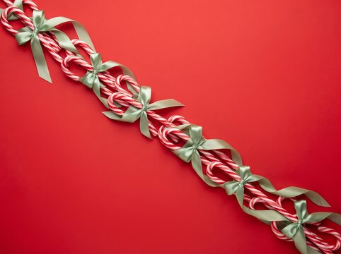 ia generated.  Festive Christmas border flat lay with pine branches, ornaments, and holiday decorations on a vibrant red background with copy space.