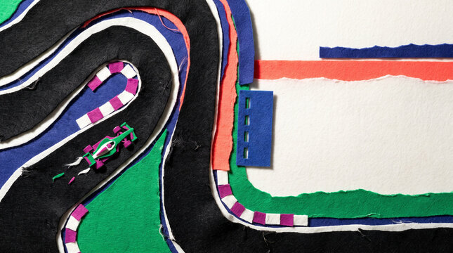 Aerial view of a colorful paper Formula 1 race track layout  