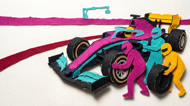 Pit crew changing tires on a colorful Formula 1 race car  
