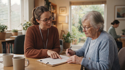 Fototapeta premium Senior woman reviews document with younger advisor in cozy home office setting