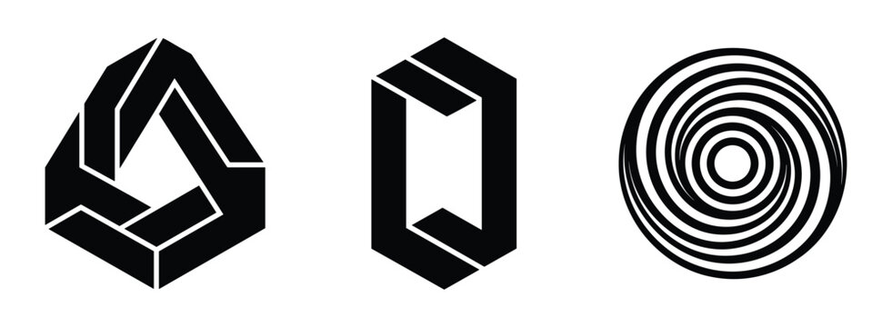 Set of three black geometric featuring an impossible triangle, a rectangular frame shape, and a circular spiral pattern isolated on a white background, for branding and usage
