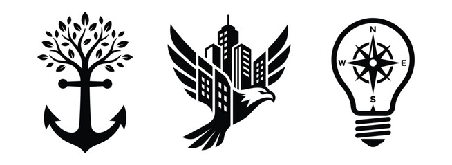 Fototapeta premium Set of three black on a white background, featuring a tree, growing from an, anchor, a soaring, eagle composed of, city buildings, and, a lightbulb containing, a directional compass rose