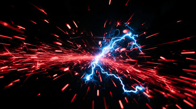 Electric lightning bolt exploding with red sparks against black background