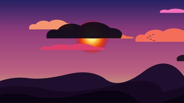 Sunset over mountains with clouds animated video