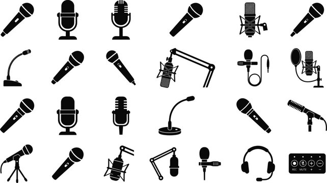 Professional audio microphone icons collection containing retro condenser dynamic lavalier and boom stand silhouettes set vector