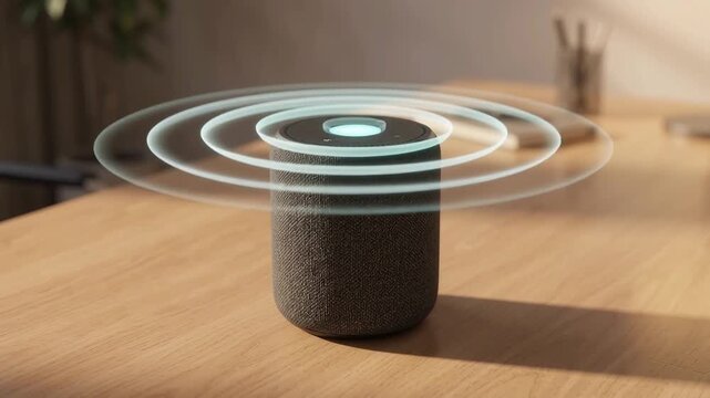 Smart speaker with glowing sound waves on wooden desk, voice assistant device in modern home office, wireless audio technology and music streaming