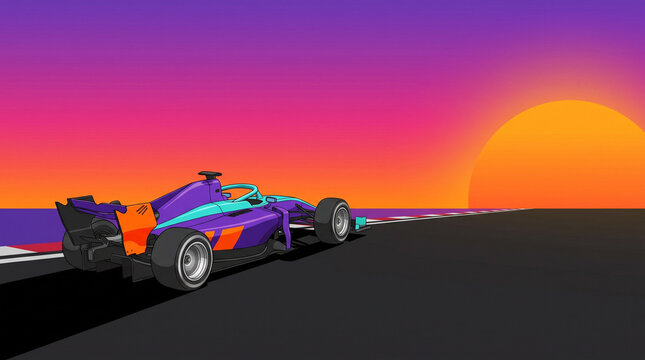 Race car on a winding track during a vibrant sunset  