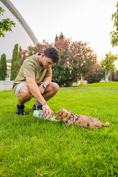 Man hydrating dachshund puppy using portable water bottle