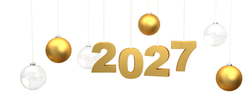 Happy New Year 2027 - the golden numbers 2027 hanging on strings surrounded by golden and transparent glass christmas baubles hanging on strings. Includes semitransparency in the png