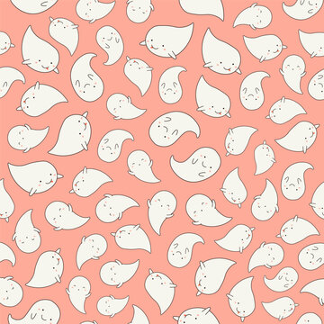 Cute funny flying white ghosts Halloween seamless pattern on pink background. Decorative holiday print, textile, paper design. Hand drawn vector illustration with kawaii cartoon characters
