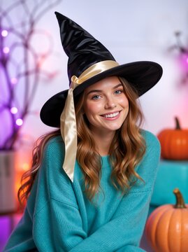 Smiling young woman in a black witch hat and teal sweater. Happy female celebrating Halloween with pumpkins and festive lights background