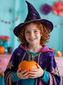 Smiling young girl with red hair in purple wizard costume holding a pumpkin. Playful Halloween celebration concept