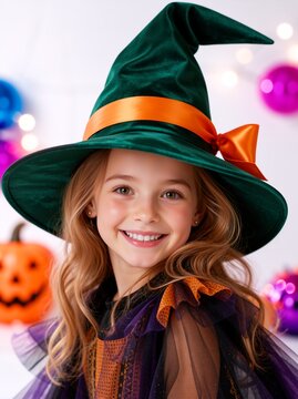Close up portrait of a smiling young girl in a green witch hat. Happy child wearing a Halloween costume with a pumpkin in the background