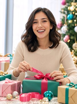 Smiling young woman wrapping Christmas gift with pink ribbon. Happy female in cozy sweater with presents and blurred Christmas tree background