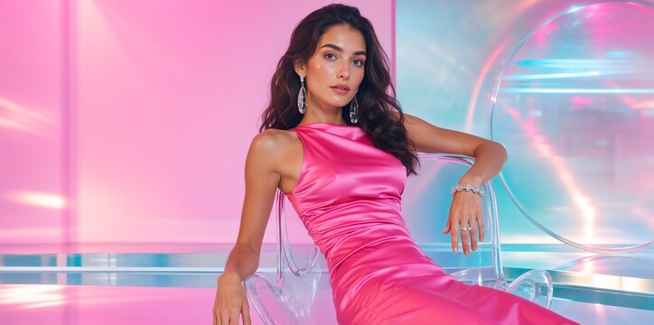 Elegant young woman in a pink satin dress sitting on a transparent chair. Fashion portrait of a brunette female in a modern studio with pink and blue neon lighting