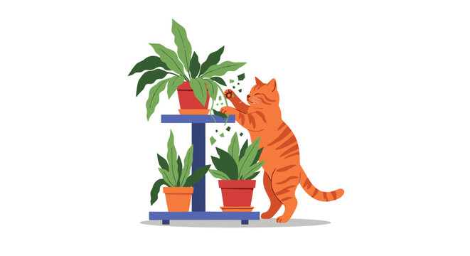 Playful orange tabby cat standing on its hind legs to play with and nibble on the leaves of a green houseplant on a tiered stand.