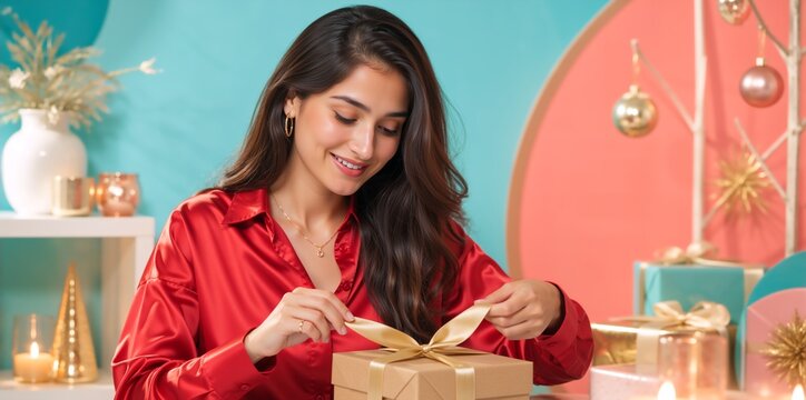 Smiling young woman opening a Christmas gift box with a gold ribbon. Happy female in a red satin shirt celebrating holidays in a colorful festive room