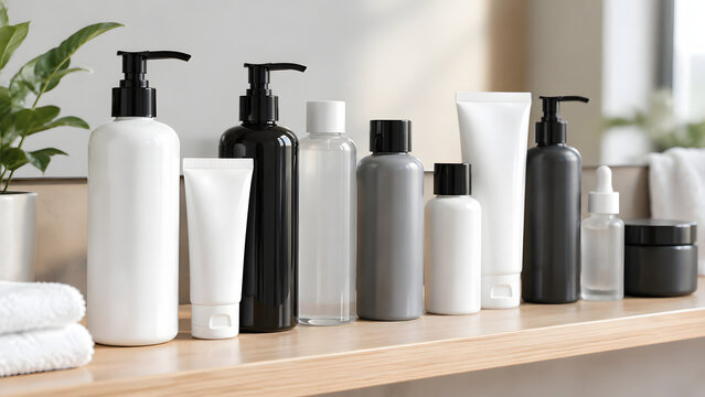 Blank cosmetic packaging bottles and tubes stand lined up on a wooden shelf in a bright bathroom setting. Minimalist pumps, jars, and droppers feature clean labeling space. Vector mockup collection.