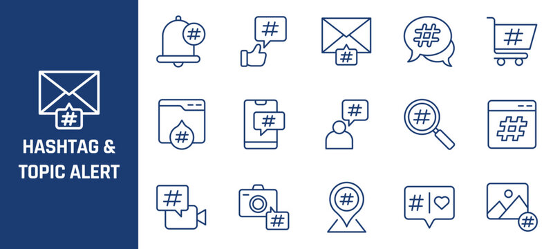 Minimalist blue vector icon set featuring social media hashtag symbols for modern digital graphic design projects