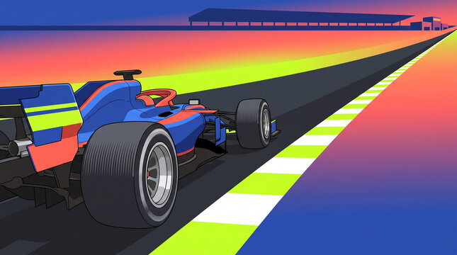 F1 car racing on a colorful track at sunset  