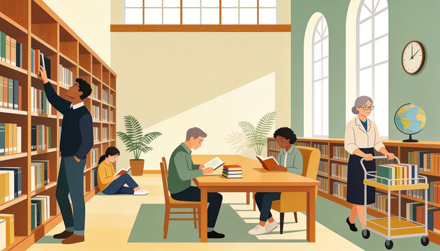 Flat illustration of people reading in a public library reading room