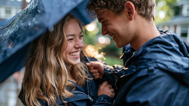 Two peer 16-year-old teenagers pause beneath a plain rain umbrella with mutual shy smiles on a neighborhood courtyard walkway, their rain jackets zipped over everyday clothing.