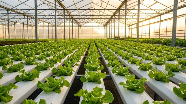 Large commercial hydroponic greenhouse with lush lettuce crops
