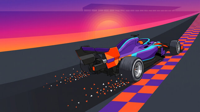 Formula 1 race car speeding on track with sunset background  
