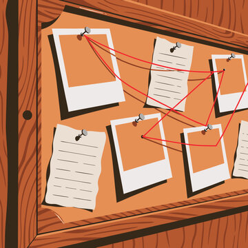 Cinematic vintage detective mystery corkboard with photo evidence and red string vector illustration