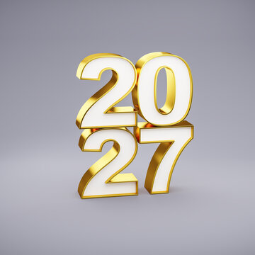 Golden digits with a white core building the year "2027" on a gray background. New Years Eve, new year concept.
