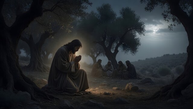 Jesus praying near the quiet edge of the Garden of Olives as the main subject, his disciples resting deeper inside the grove as softened figures that express companionship fading into solitude, a mini