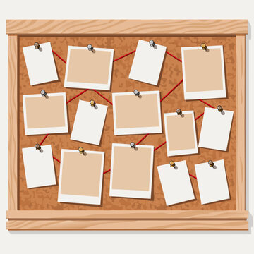 Realistic vintage investigation corkboard with pinned blank photos and red thread connection vector illustration