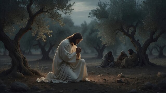 Jesus praying in the Garden of Olives as the main subject, his disciples resting as distant friends in softened darkness to emphasize loving nearness and spiritual aloneness at the same time, a quiet 