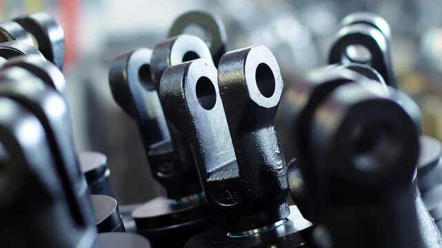 Closeup black forged steel components rows factory. Macro shot iron metal parts.